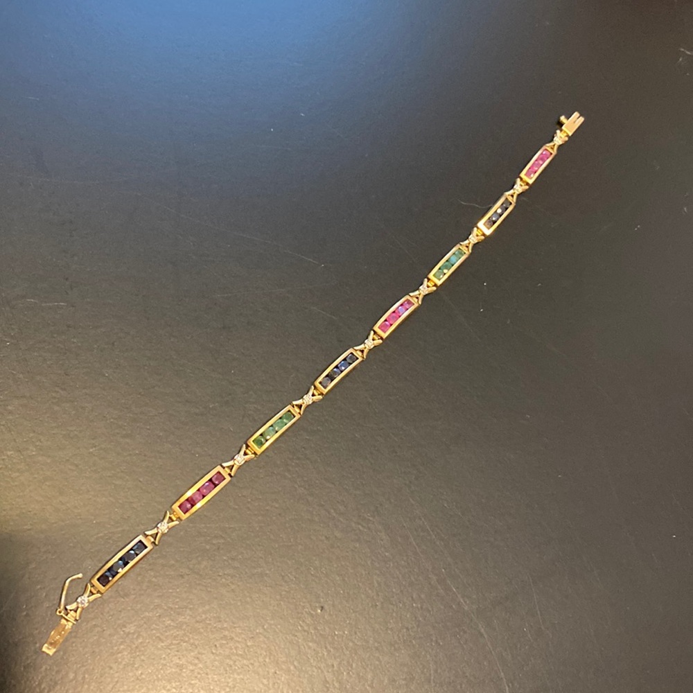 14k Emerald, Ruby, Sapphire Bracelet with Diamond Accents